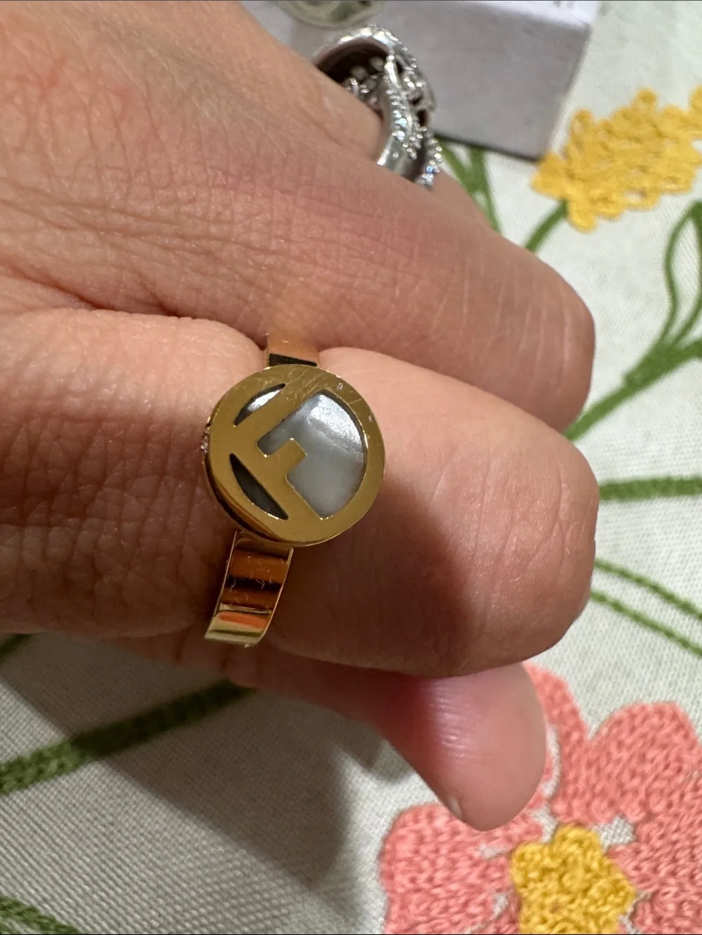 Gold Tone Mother-of-Pearl Circle Signet Ring - Women’s Fashion Jewelry
